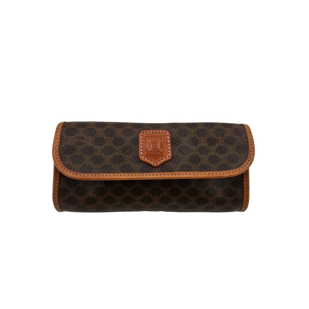 Celine Macadam Triomphe Clutch Bag Brown Coated Canvas Vintage Leather Trim